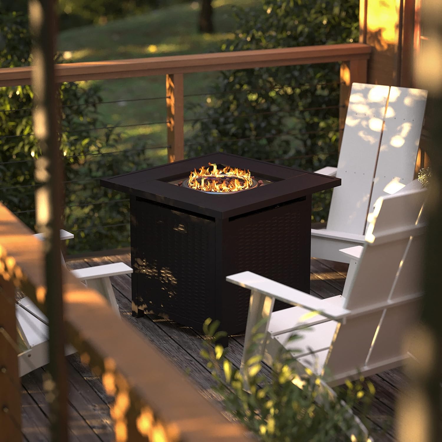 BizChair 50,000 BTU Outdoor Propane Gas Fire Pit Table - Black Stainless Steel Tabletop and Steel Wicker Detail Base - 28