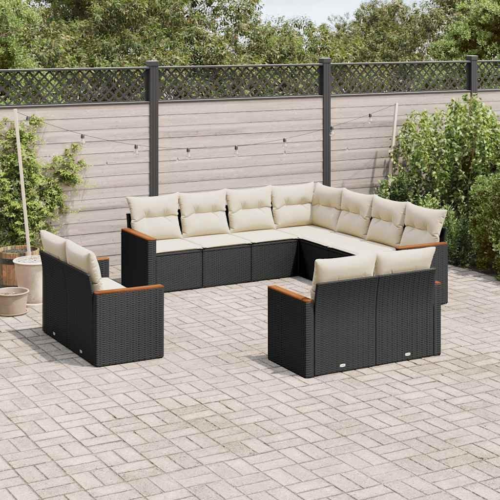 11 Piece Modular Garden Sofa Set Black and Cream White, Outdoor Patio Furniture with Weather-Resistant PE Rattan and Powder-Coated Steel Frame, Comfortable Cushions