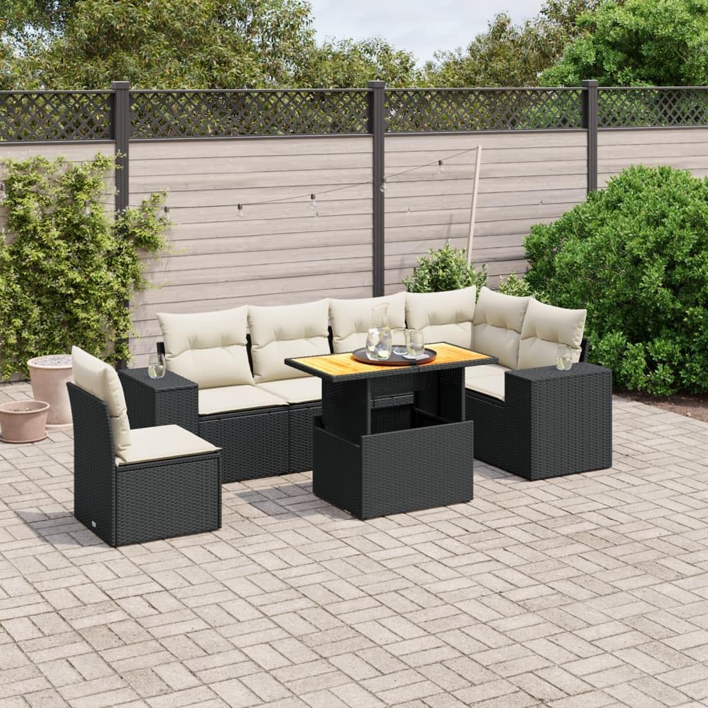 Black PE Rattan Garden Sofa Set, Large Modular Outdoor Patio Furniture, 7-Piece Sectional Dining Table Set for Balcony Terrace