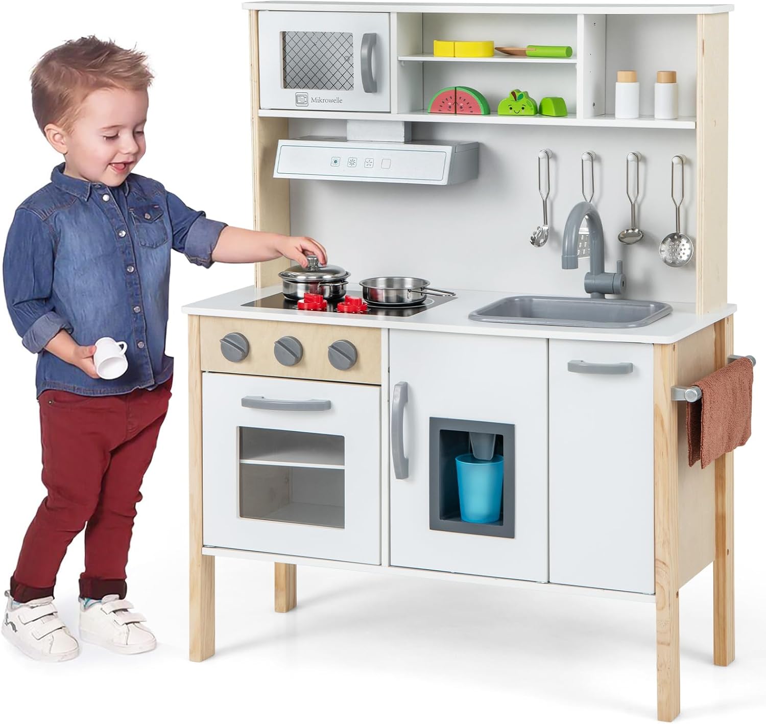 Costzon Kids Kitchen Playset, Wooden Pretend Toddler Kitchen Toy Set w/Sound, Microwave, Oven, Ice Maker, Range Hood, Stoves, Sink & 18 Accessories, Pink Play Kitchen for Girls Ages 3+