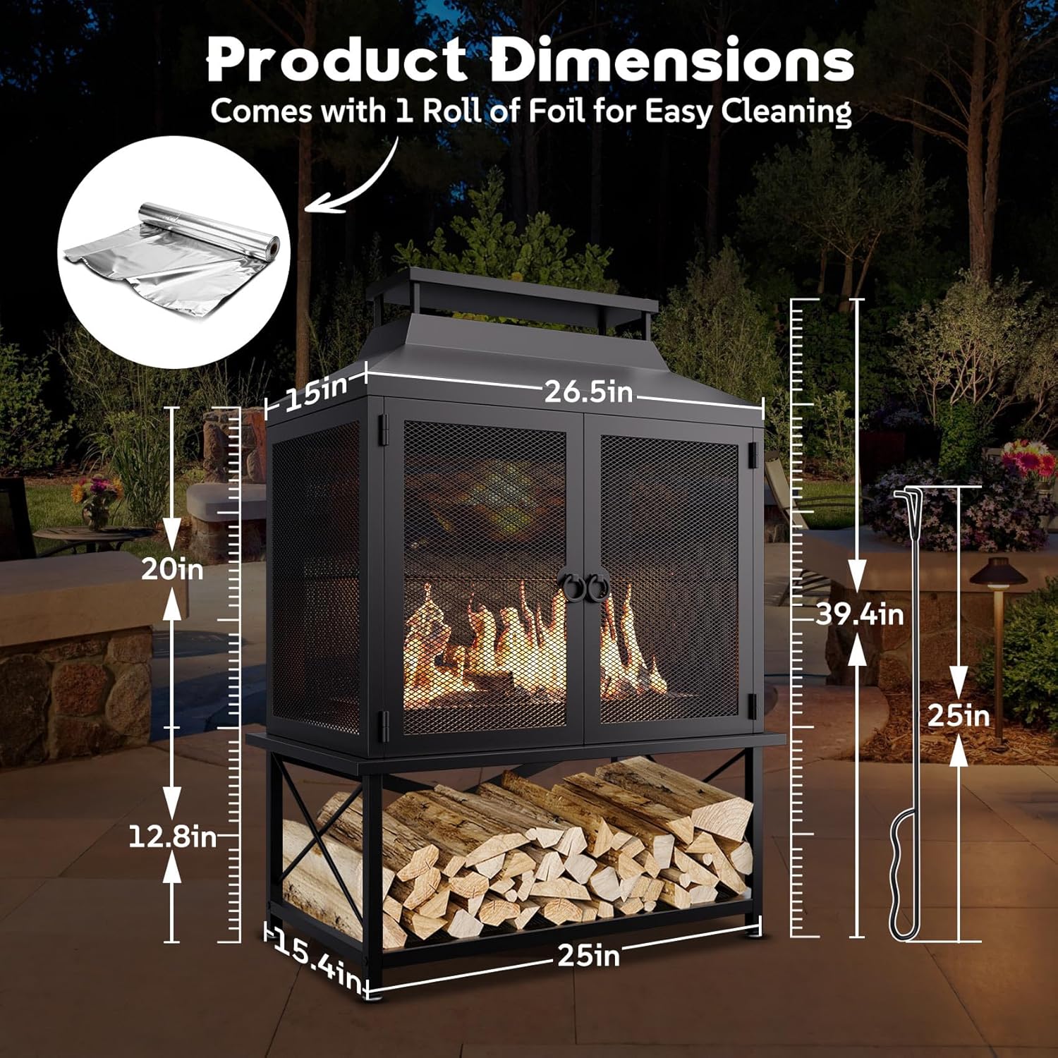 Outdoor Chiminea Fire Pit with Grill and Wood Storage, Large Wood Burning Fireplace for Outside with Chimney, Mesh Spark Screen Door & Fire Poker, Ideal for Patio, Backyard, Garden, and Camping