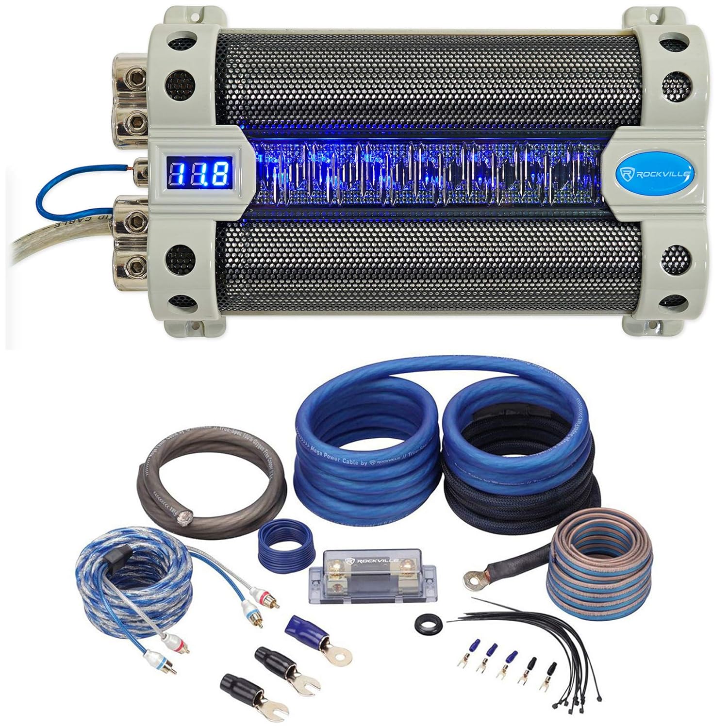 Rockville RFC30F Bundle: 30 Farad car Audio Power Capacitor with Blue Voltage Display, RWK0CU 0 Gauge OFC Amplifier Wiring Installation kit with ANL Fuse Holder, 2-Items