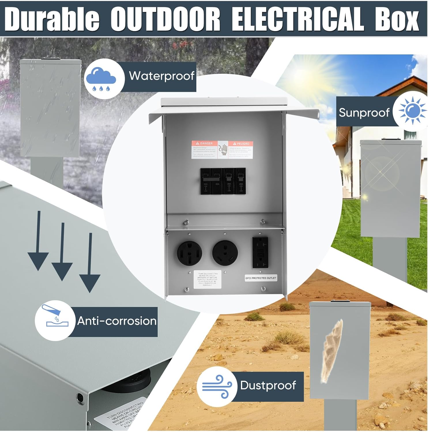 Electrical Outlet Boxes Temporary Power Panel Weatherproof RV Receptacle Box with 30 50 Amp Breaker 20 Amp GFCI Outlet Outdoor Panel for RV Camper Car Travel Generator Motorhome (Update)