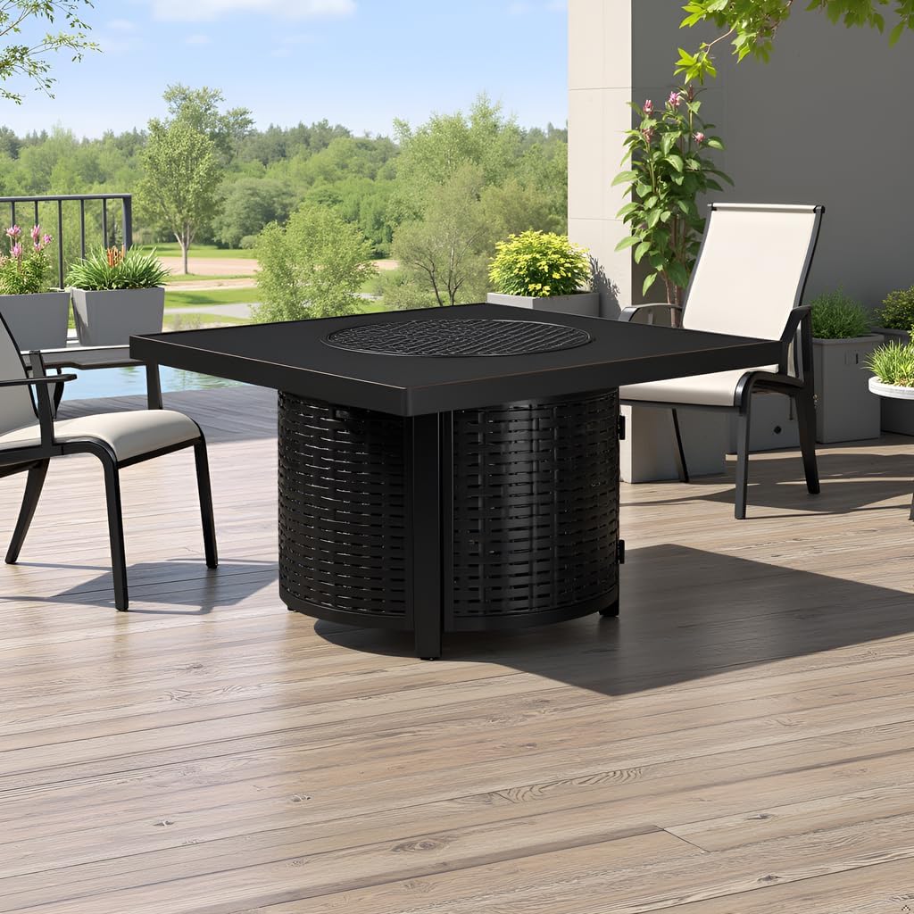 Square LPG/NG Gas Fire Pit Table 55K BTU w/Burner Lid, Cover, Fire Glass #65156