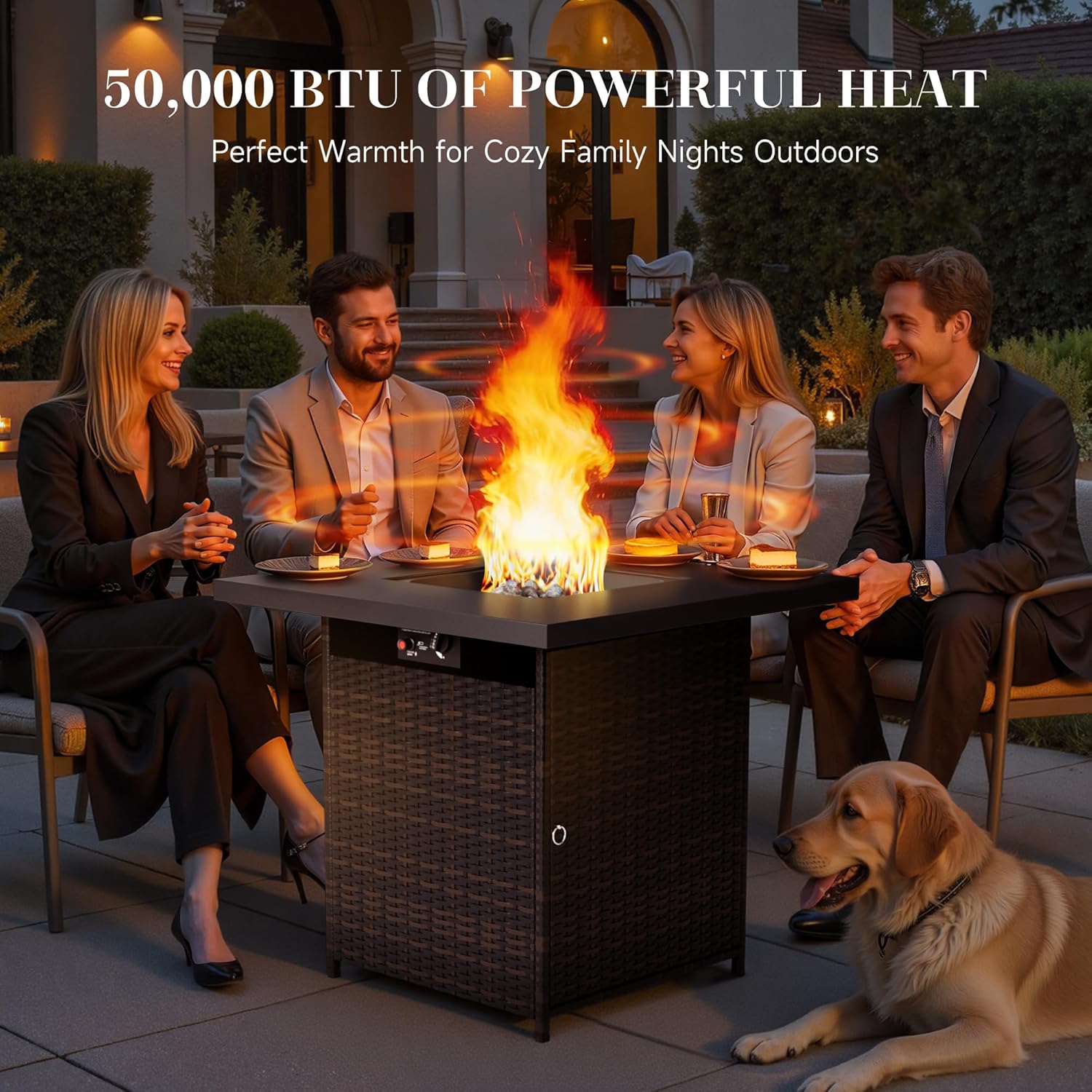 Propane Outdoor Fire Pit Table – 29'' Rattan Wicker Fire Table with Adjustable Flame, 50,000 BTU Gas FirePit, Easy Push-Turn Ignition, Clean Smokeless - for Patio, Garden & Backyard, Brown