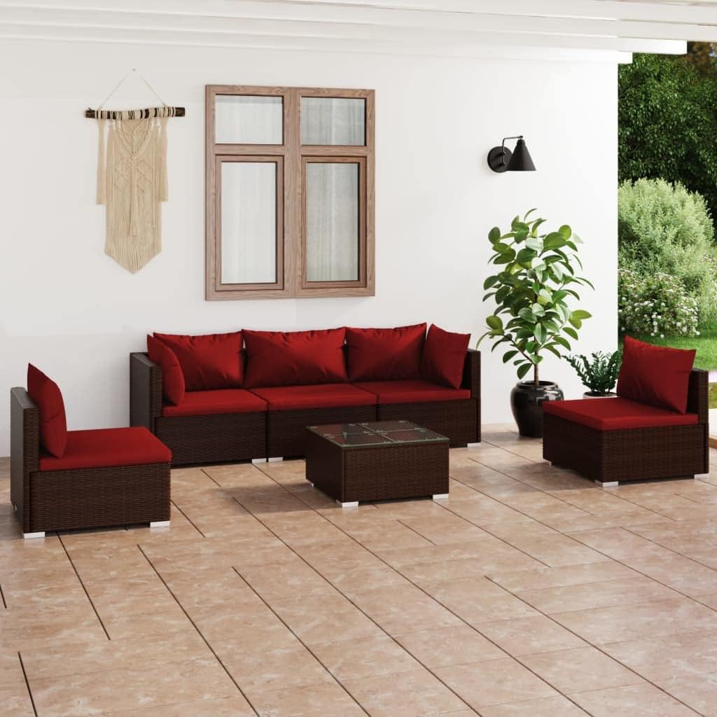 Patio Set 6 Piece Patio Lounge Set with Cushions Poly Rattan Brown