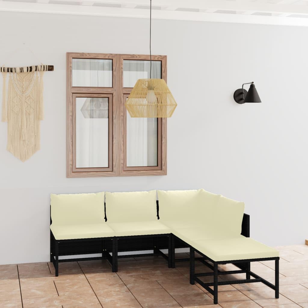 5 Piece Patio Lounge Set with Cushions Poly Rattan Black,Premium Lounge Set: Relax in Comfort with Rattan Patio Furniture Patio Furniture, Outdoor Furniture Sets