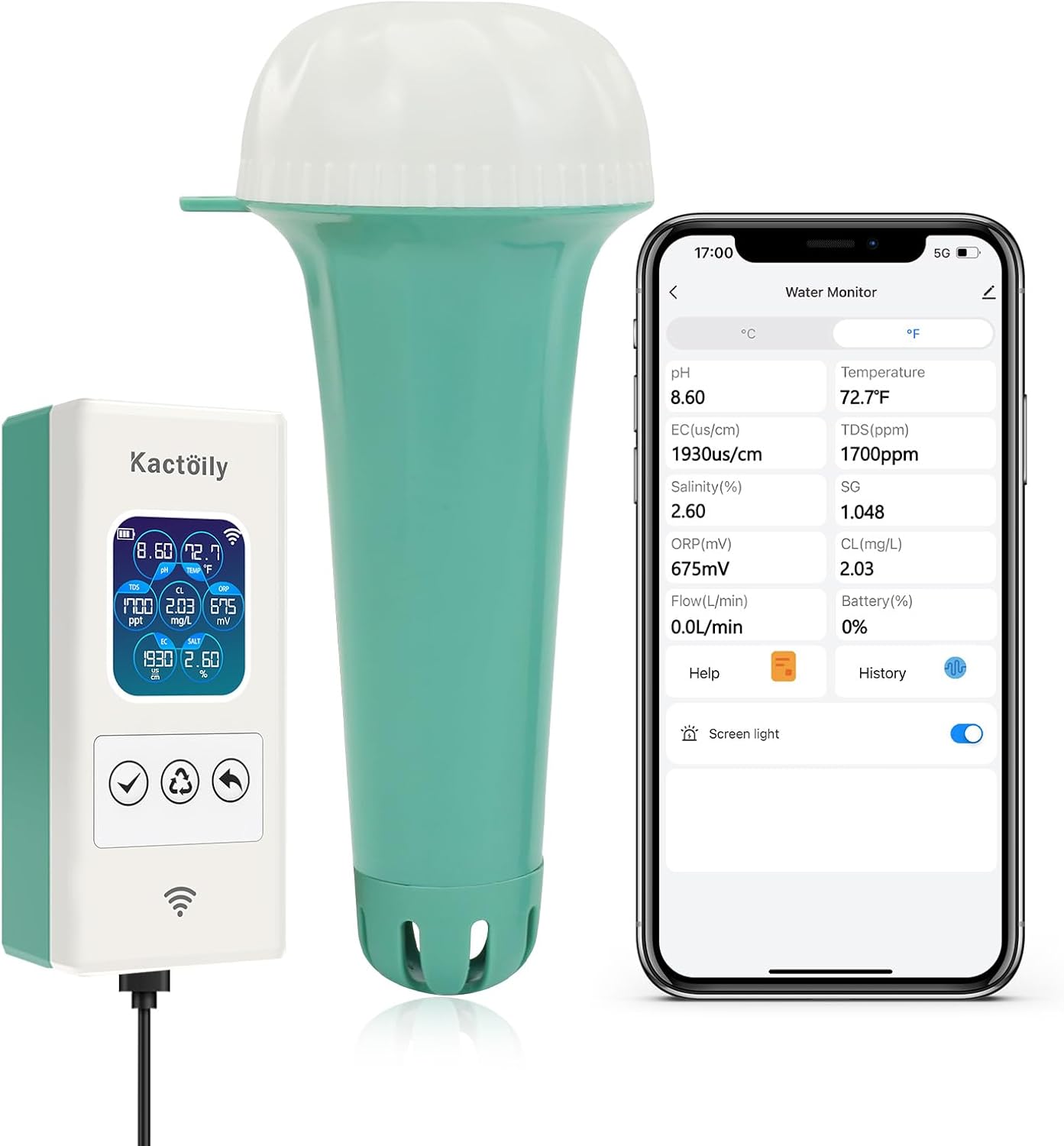 kactoily Upgrade Smart Pool Monitor, Digital Pool Water Tester for Measures pH, ORP, Chlorine, TDS, Salinity, and More, Real-Time Monitoring, Ideal for Pools, Hot Tubs, and Aquarium