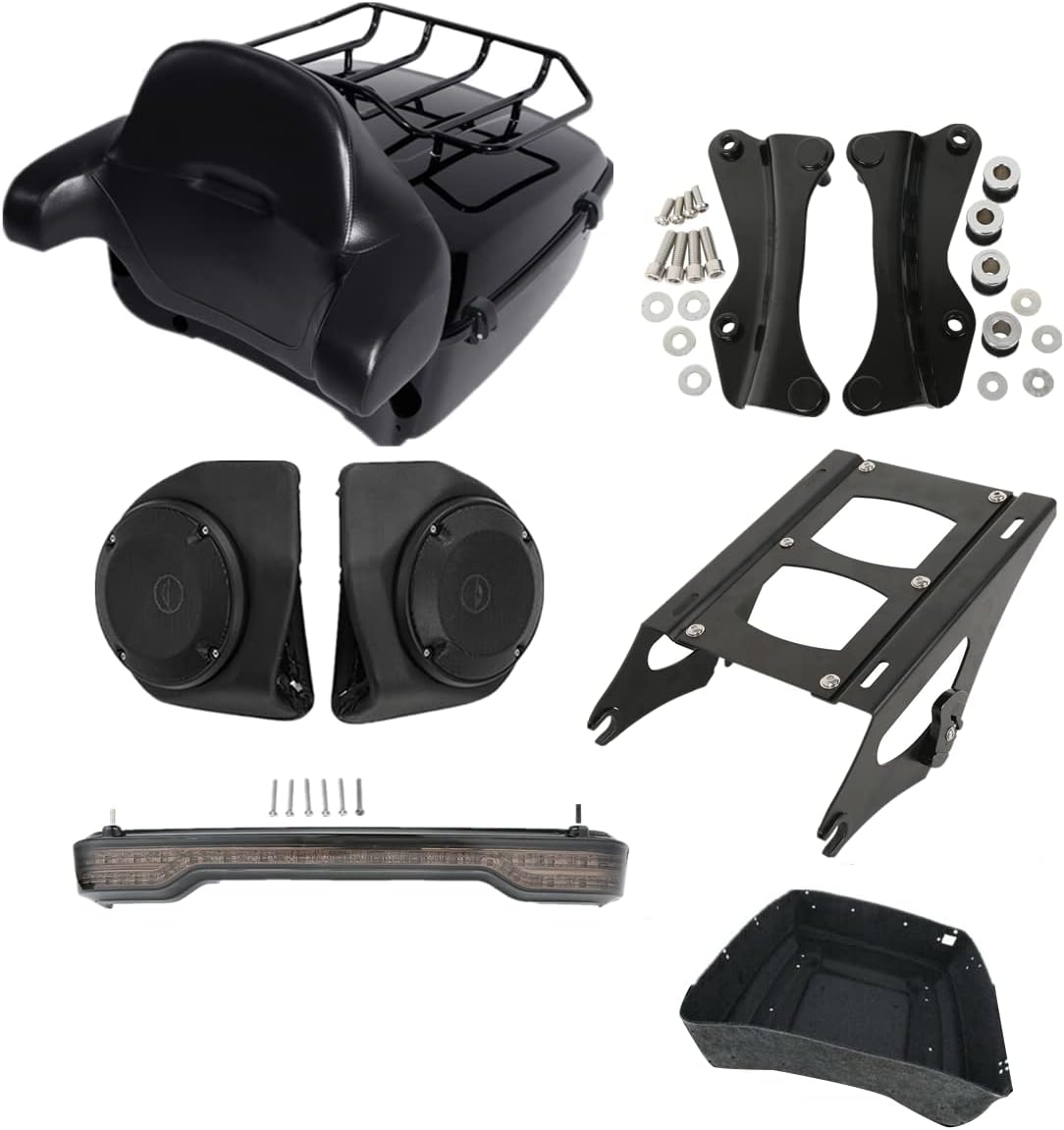 Vivid Black King Motorcycle Pack Trunk Luggage w/Backrest Rack Light Speakers Fit for Harley 2014-2025 Touring Road King Street Glide Special FLHXS Electra Glide Ultra Classic