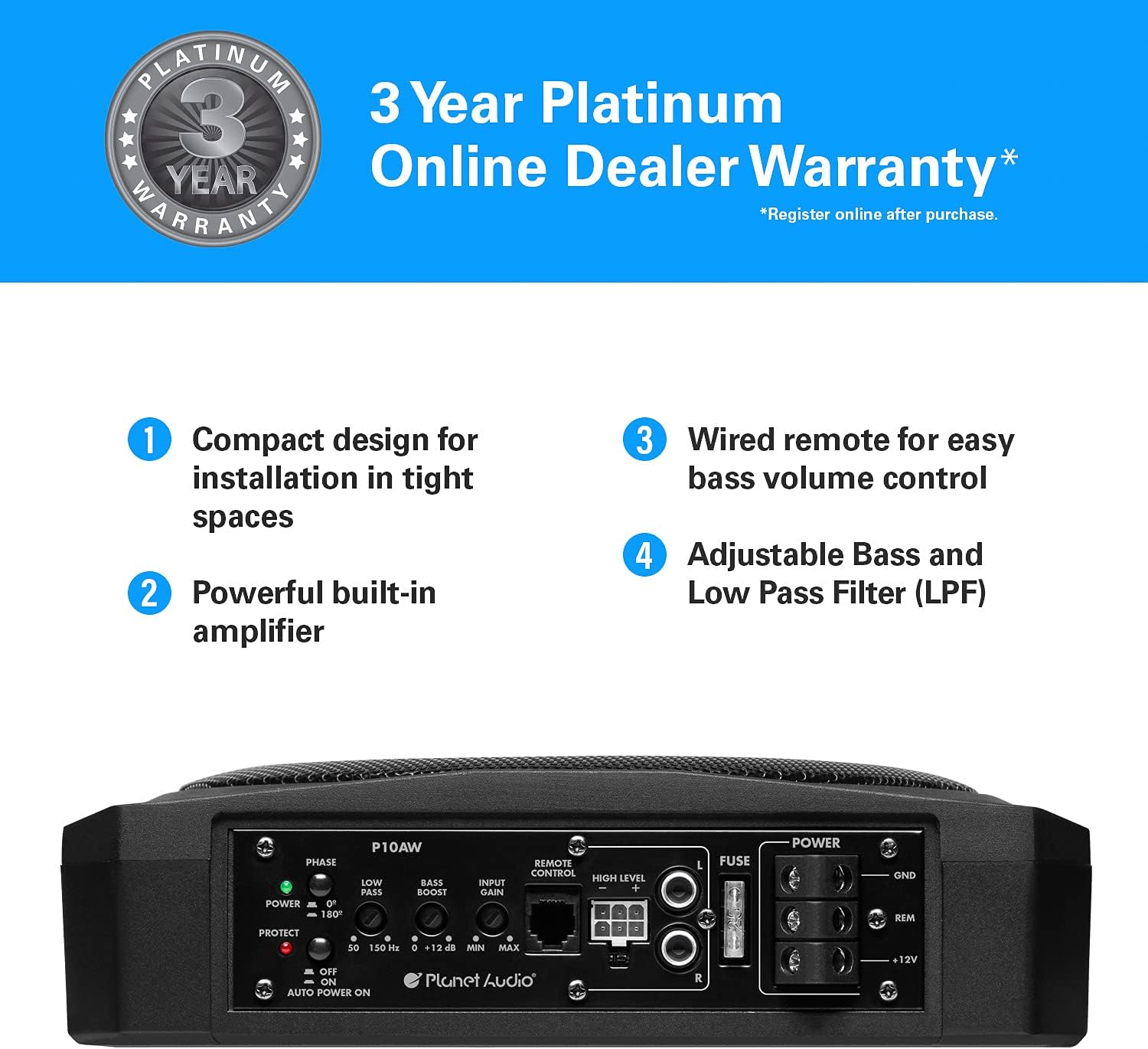 Planet Audio P10AWK Amplified Car Subwoofer - 1000 Watts, Low Profile, 10 Inch Subwoofer, 8 Gauge Amplifier Installation Kit Included. Great for Vehicles That Need Bass But Have Limited Space