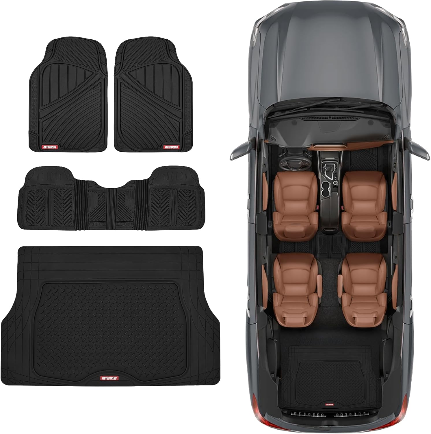 Motor Trend FlexTough Performance All Weather Rubber Car Mats with Cargo Liner - Full Set Front & Rear Floor Mats for Cars Truck SUV, Automotive Floor Mats (Black)