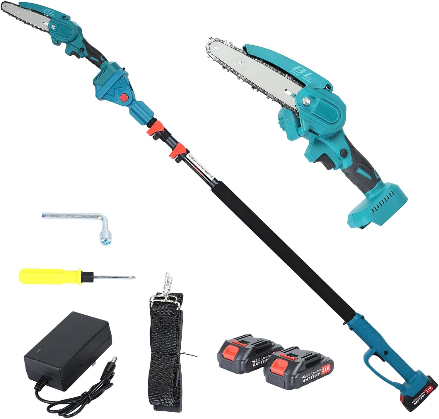 cdar Electric Pole Saw, Cordless High Power Motor Detachable Telescopic Pole Tree Pruning 15.8 Feet MAX Reach Pole Saw Handle Pole Chain Saw with Battery & Charger Blue