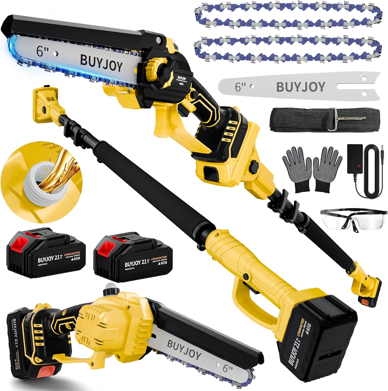 2-in-1 Cordless 6 in Pole Saw for Tree Trimming,15.5 ft Extended Reach Electric Saw with 180° Adjustable Head, Brushless Motor, 2 x 1300 Ah High-Capacity Batteries & Extra Chain