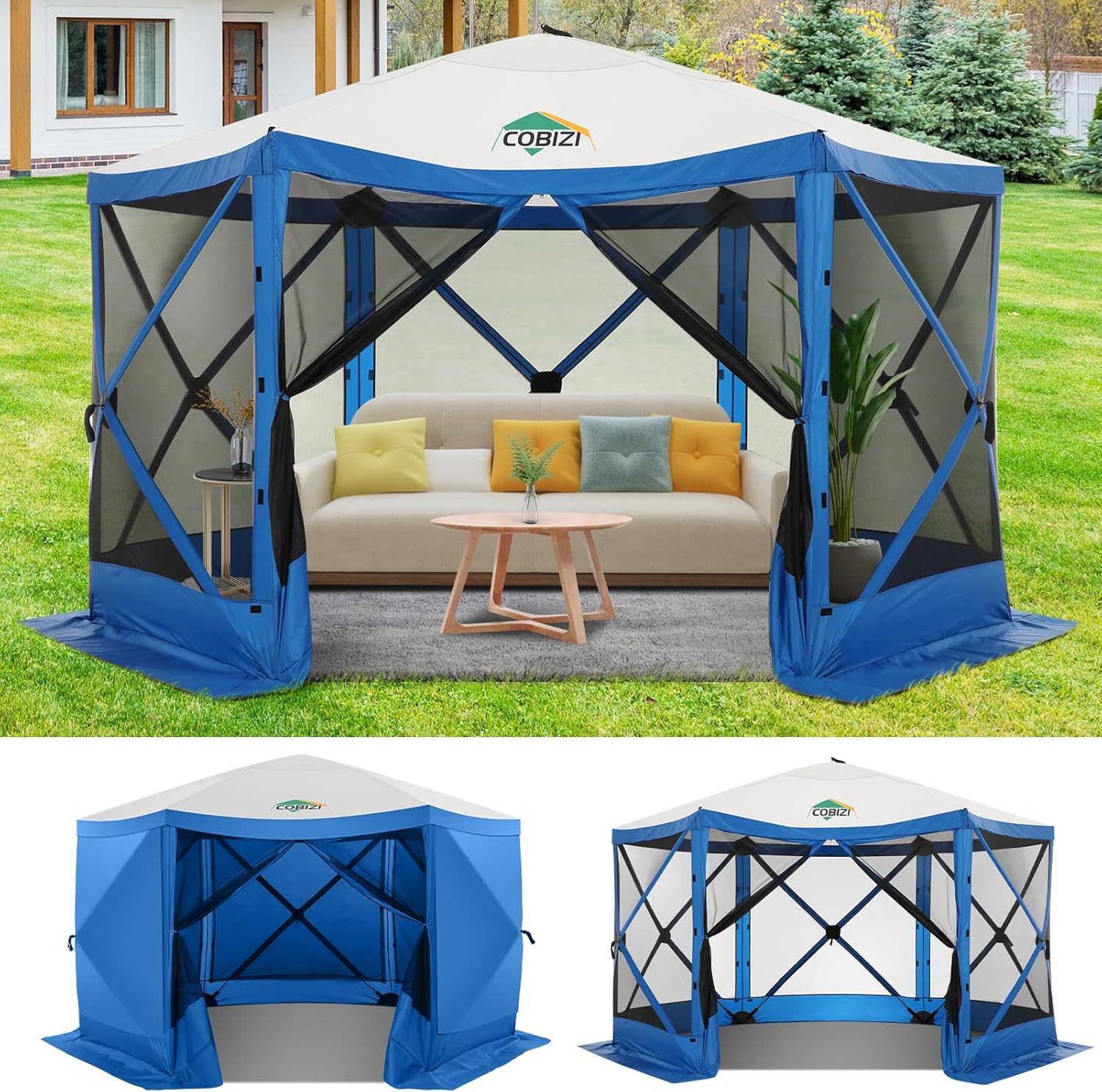COBIZI 12x12 pop up Gazebo on Clearance Screen Canopy Tent, Camping Outdoor Screened Gazebo with Sidewalls, Portable Hub Tent with Carrying Bag and Ground Stakes, Blue