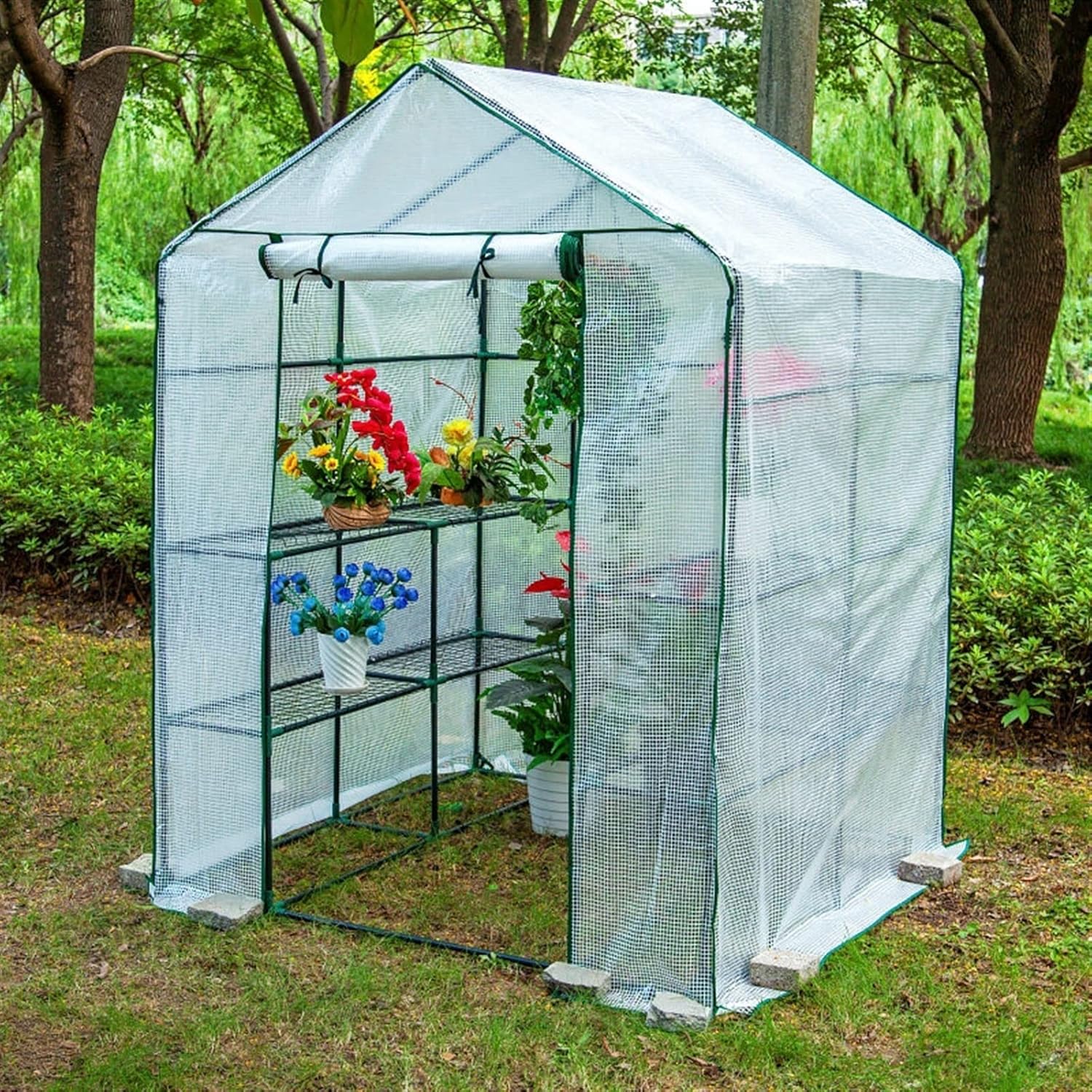 Indoor Outdoor Sturdy Portable Greenhouse Shelves,Front Roll-Up Zipper Entry Doors,Plant Flower Sunshine Room Room,for Garden/Patio/Backyard/Balcony ( Color : White , Battery *1 : 195*143*143cm )