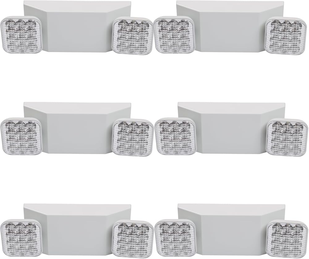 AKT LIGHTING Commercial Emergency Light, UL Certified, White Emergency Light Fixture with 2 LED Square Heads Adjustable & Backup Batteries Exit Lighting Pack of 6