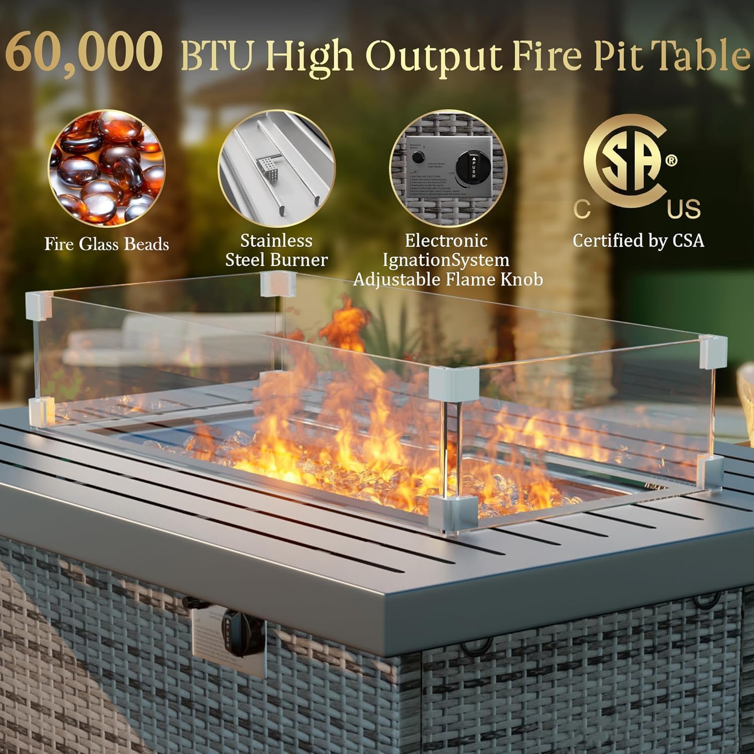 TINKLE WELL 44in Outdoor Propane Fire Pit 60,000 BTU, Gas Fire Pit Table with Glass Wind Guard, Rattan Wicker Base and Waterproof Cover, CSA Certification for Outside Garden Patio Party