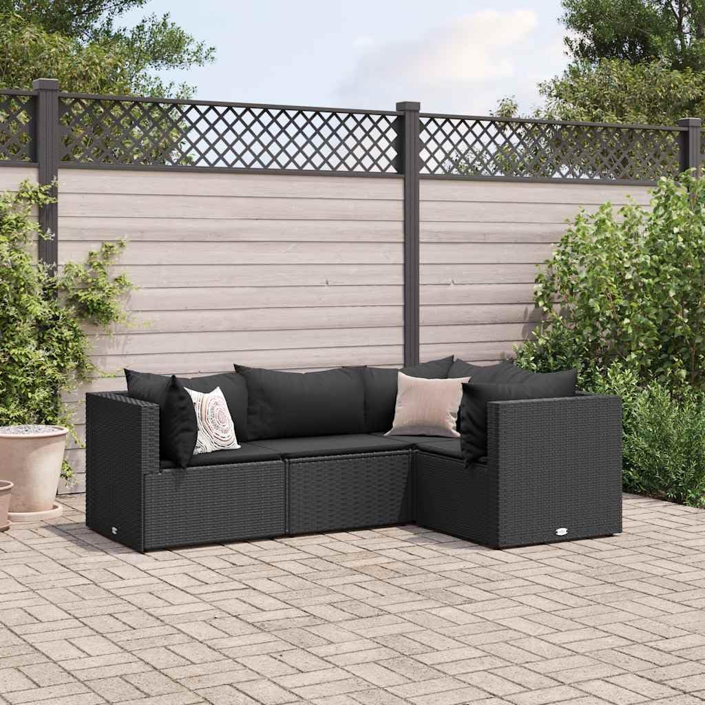 4 Piece Patio Lounge Set, Black PE Rattan, Powder-Coated Steel Frame, Outdoor Furniture with Cushions, Modern Design for Garden, Balcony, Deck