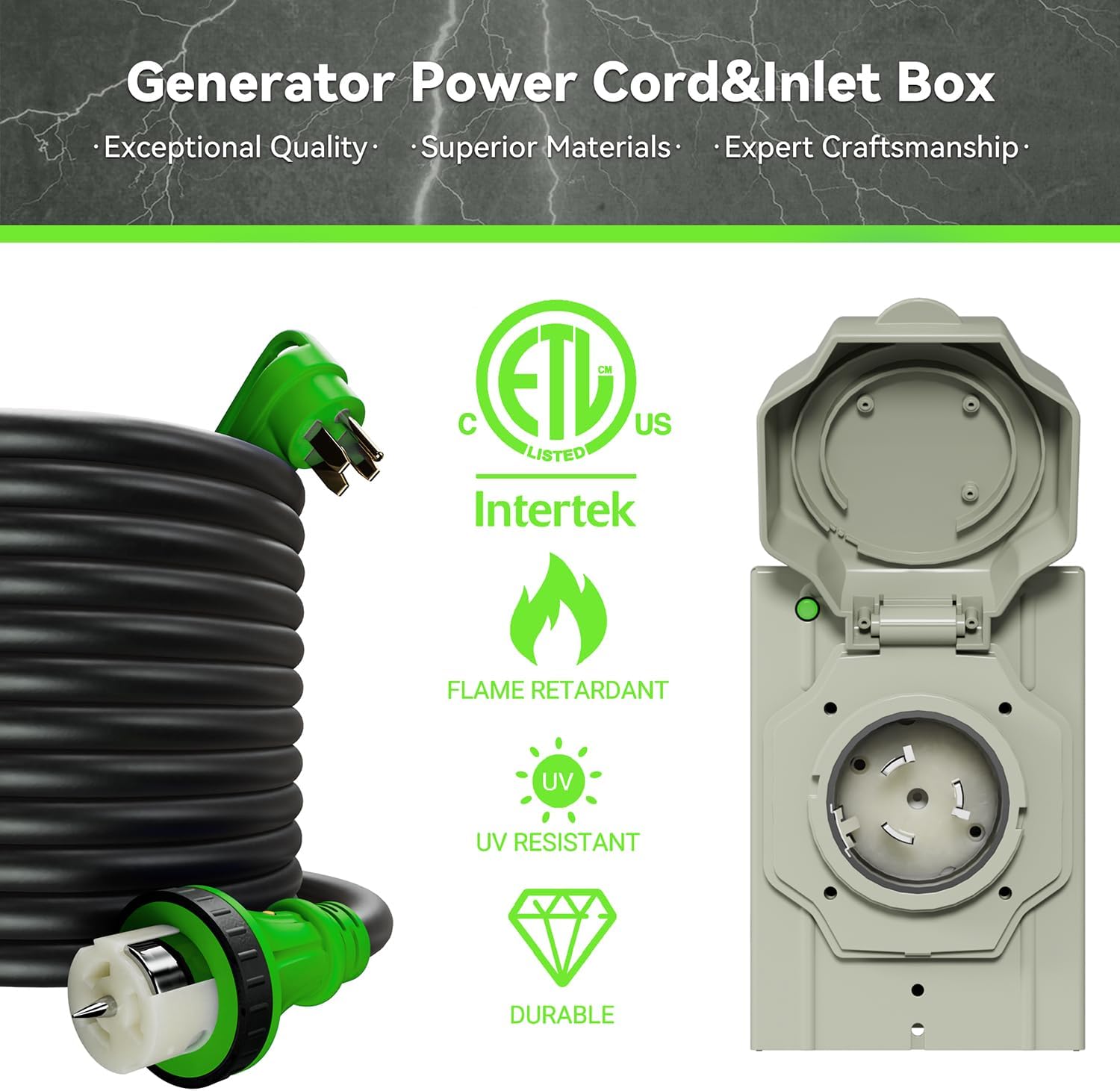 50AMP 15Feet Generator Cord with Pre-drilled Power Inlet Box, 50 Amp 4 Prong, 125V/250V NEMA 14-50P Male to SS2-50R, STW 6/3+8/1 AWG Twist Locking with Inlet Box for Generator to House, UL&ETL Listed