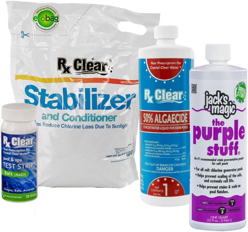 Rx Clear Swimming Pool Salt Water Generator Opening Kit | for Above or In-Ground Pools | Up to 30,000 Gallons of Water | Includes Stabilizer/Conditioner, Algaecide, The Purple Stuff and Test Strips