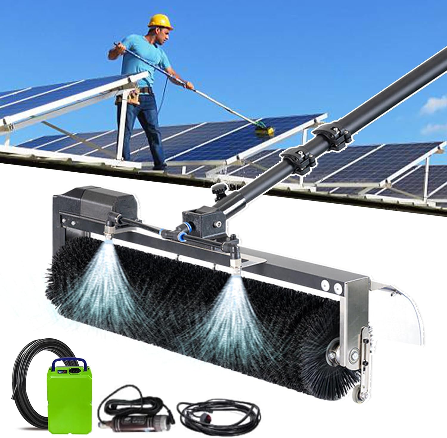 Outdoor Solar Panel Cleaning Kit, 60cm Rotating Brush with Telescopic Pole & 10m Hose, 2 Power Supply Options, 3.5m/11.4ft Battery Version, Ideal for Efficient Cleaning