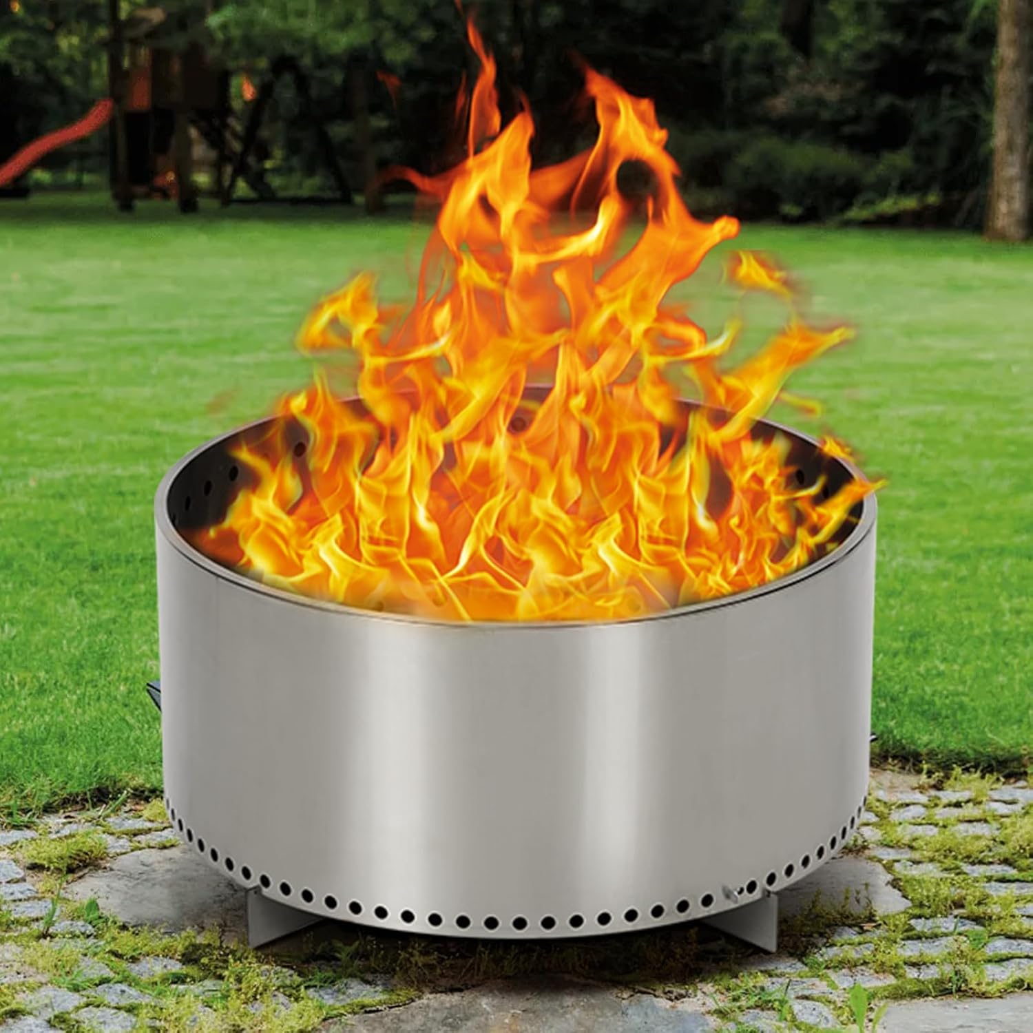 Portable Smokeless Firepit 27Inch Fire Pit for Wood Burning with Stand and Handle, Removable Ash Base, Stainless Steel, for Camping