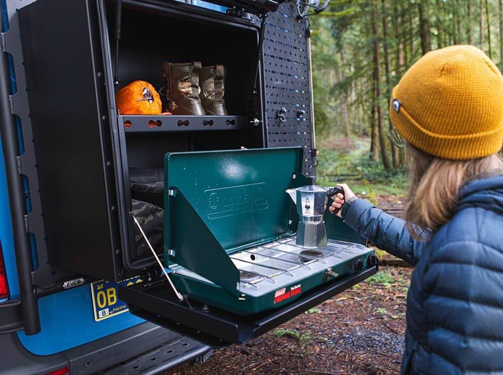Flatline Van Co. Rear Storage Box for FVCO Rear Door Platforms | Adds 6 Cubic Feet of Storage | Exterior Accessory Panel | Interior Molle Panel | Locking Latches | Lightweight Aluminum Design