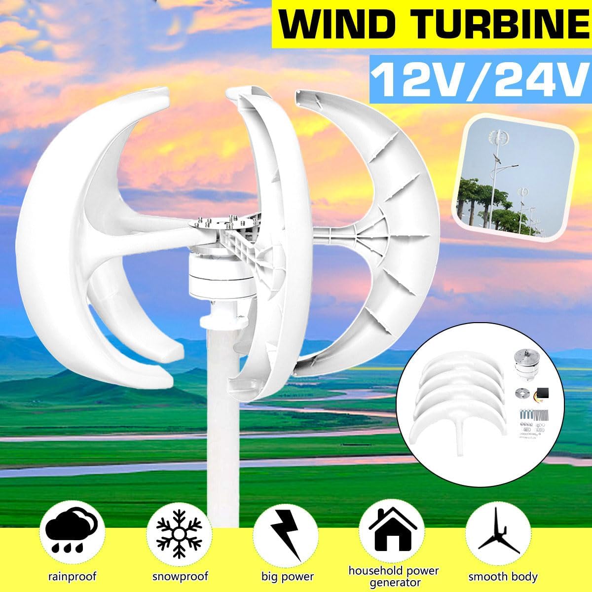 Vertical Wind Turbine Energy Generator,12000W 220V-12V AC Lantern Wind Power Turbines Generator Kit with Controller 5 Blades for Garden Lighting(White)