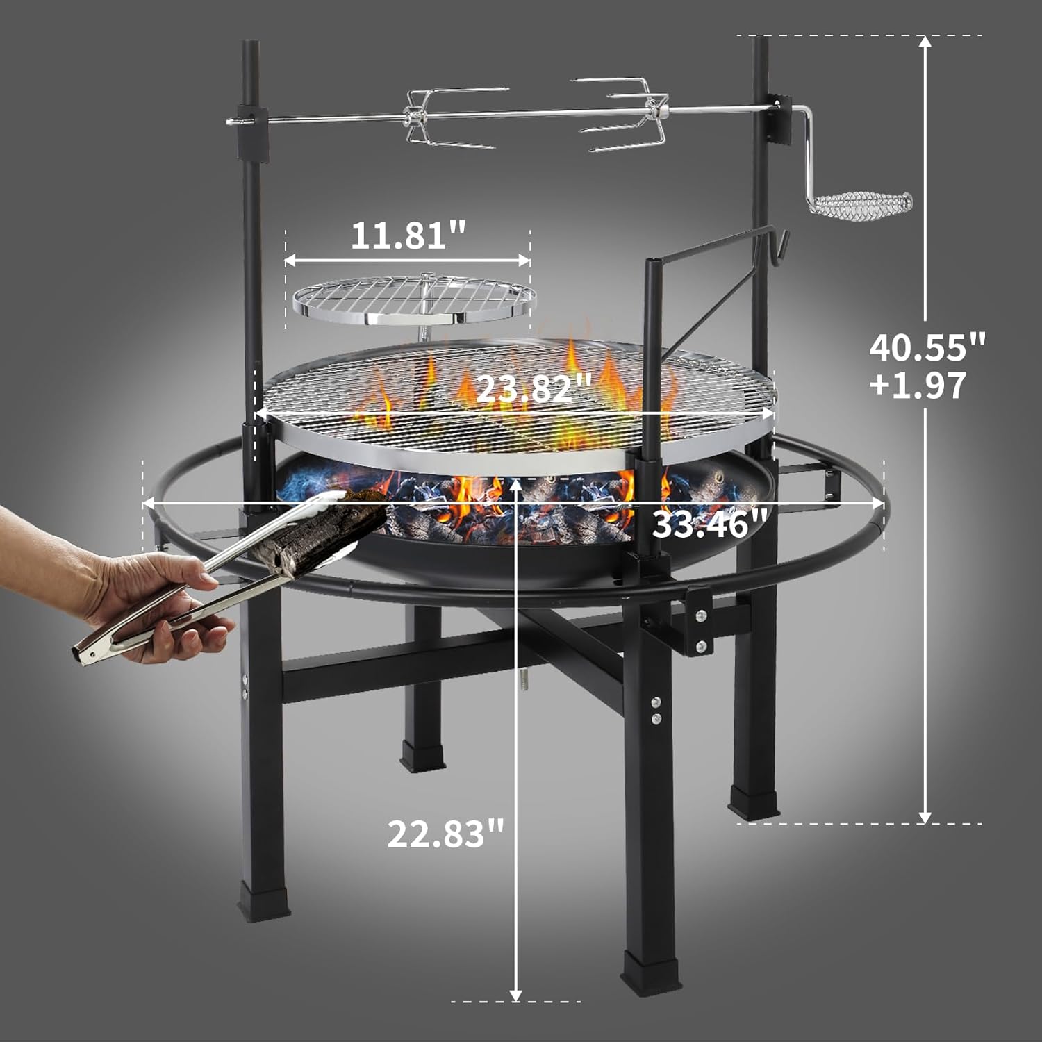 33-Inch Dual Grill Fire Pit, Wood-Burning Outdoor Firepit with Rotating Cooking Grate and Detachable BBQ Grill for Patio, Backyard, and Picnic Use