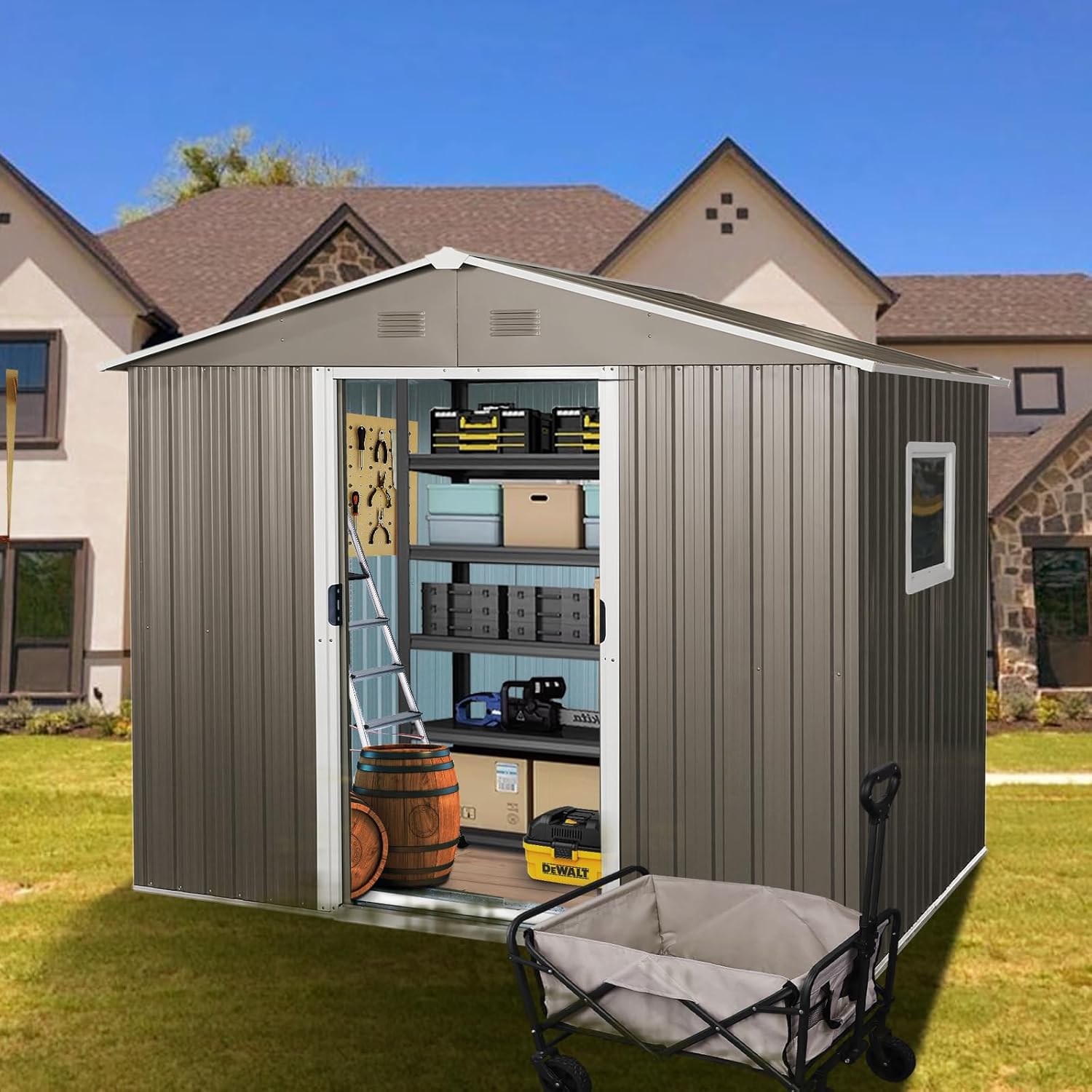Metal Outdoor Storage Shed 8FT x 6FT, Iron Utility Tool Shed Storage House with Door & Lock & Window, for Backyard Garden Patio Lawn (8' x 6'), Grey