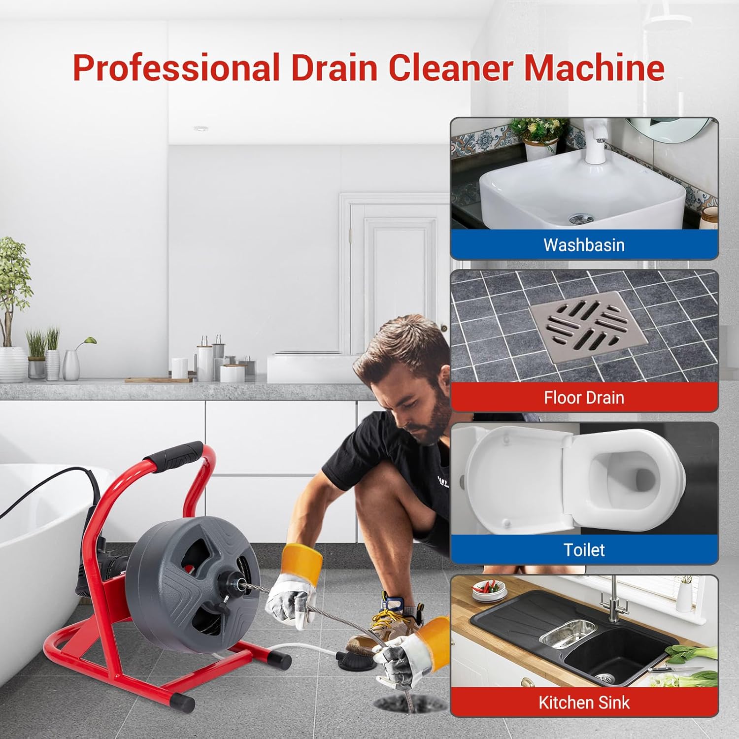 50 ft x 5/16 in Drain Cleaner Machine Professional for 3/4 in - 3 in Pipes, Foot Switch with 6 Cutters, Glove, Drain Auger Cleaner Sewer Snake for Bethroom/Kitchen Drains