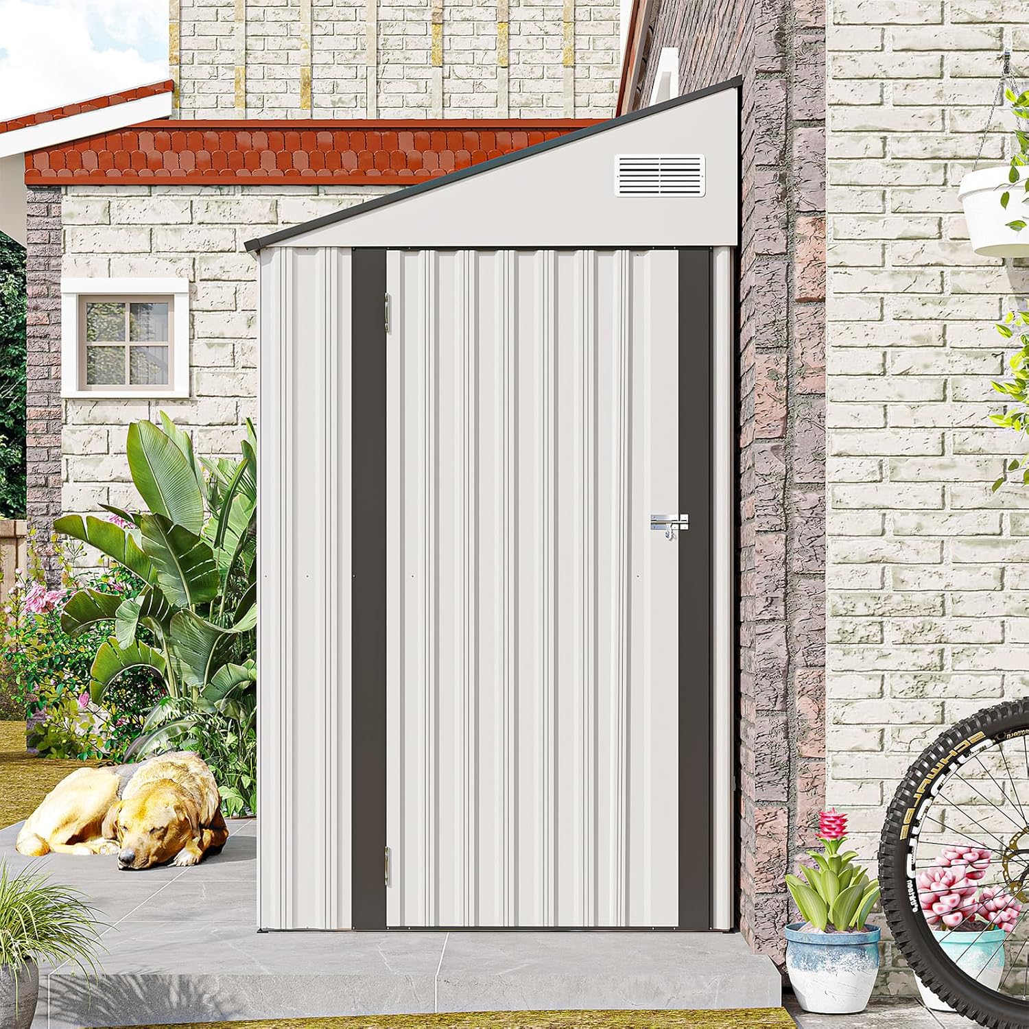 4x8 FT Outdoor Metal Storage Shed, Garden Tool Shed Kit with Vents, All Weather Lean-to Shed Patio Utility Tool Shed for Garden and Backyard (White)