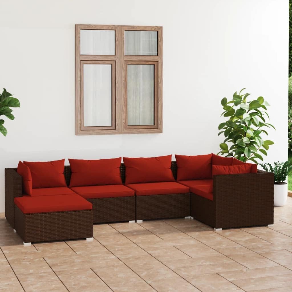 6 Piece Patio Lounge Set with Cushions Poly Rattan Brown Garden Furniture