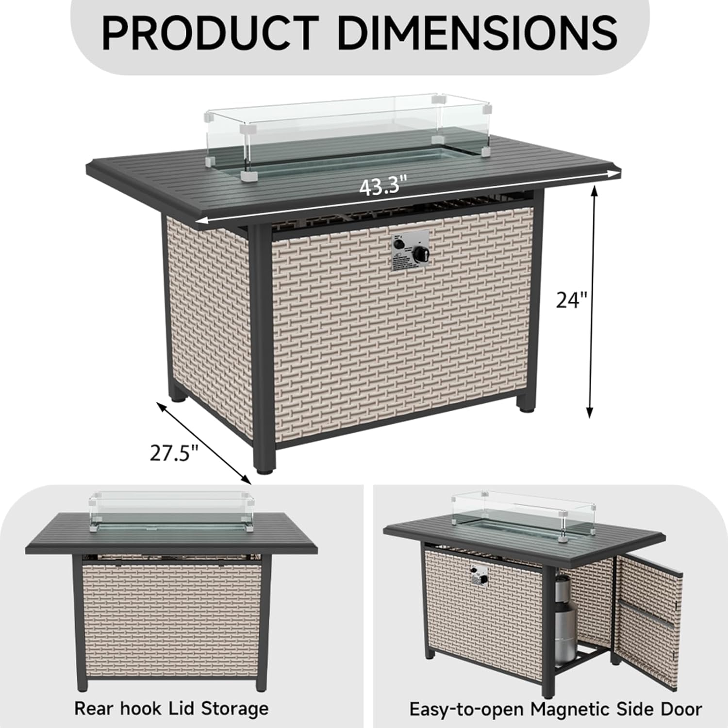 43 Inch Outdoor Propane Fire Pit 60,000 BTU Gas Fire Pits for Outside Patio with Steel Lid and Glass Wind Guard, 2-in-1 Firepit Table & CSA Certification, Grey Rattan