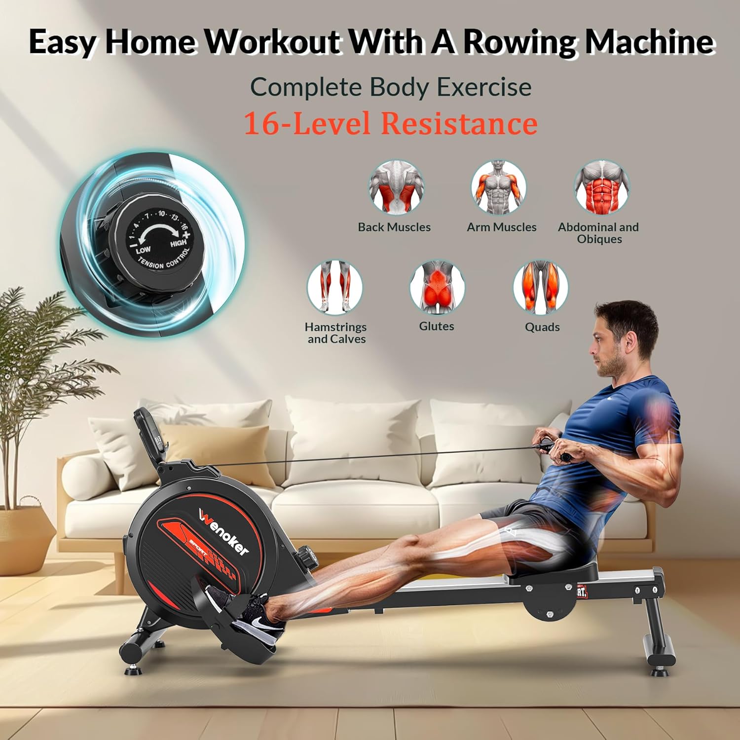 Rowing Machine for Home, Magnetic Rower Machine, 350 LB Weight Capacity, 16-Level Silent Resistance Row Machine for Gym Exercise Full-Body Workout Compact Rower with LCD Monitor Tablet Holder