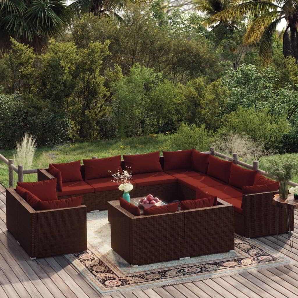 12 Piece Patio Lounge Set with Cushions Brown Poly Rattan, Patio Furniture Sets, Outdoor Furniture