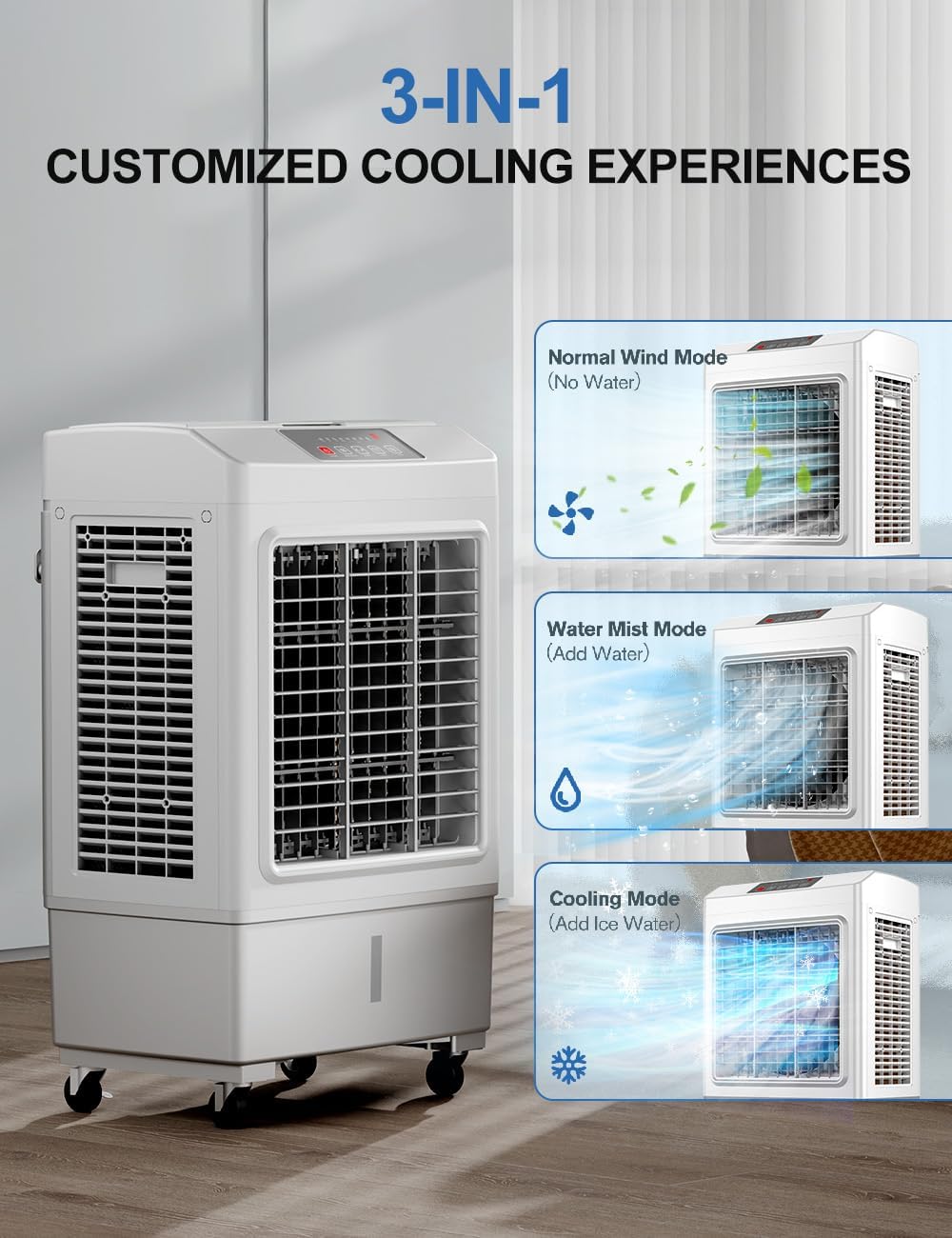 Large Swamp Cooler Air Conditioner, 2200CFM Evaporative Air Cooler, 7H Timer & 8 Gal Water Tank, 100°Oscillation, 3 Speeds & 1 Ice Boxes,Remote, Portable Air Conditioner for Garage Home
