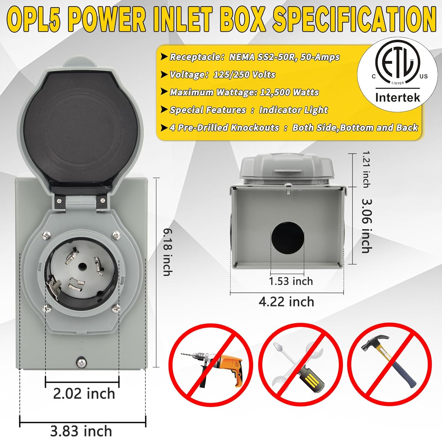 2 Years Warranty, OPL5 50 Amp Generator Cord 20FT and Power Inlet Box (Pre-Drilled),125/250 Volts, NEMA 14-50P to SS2-50R Generator Cord, ETL Listed, STW 6/3 + 8/1 AWG for Home Emergency