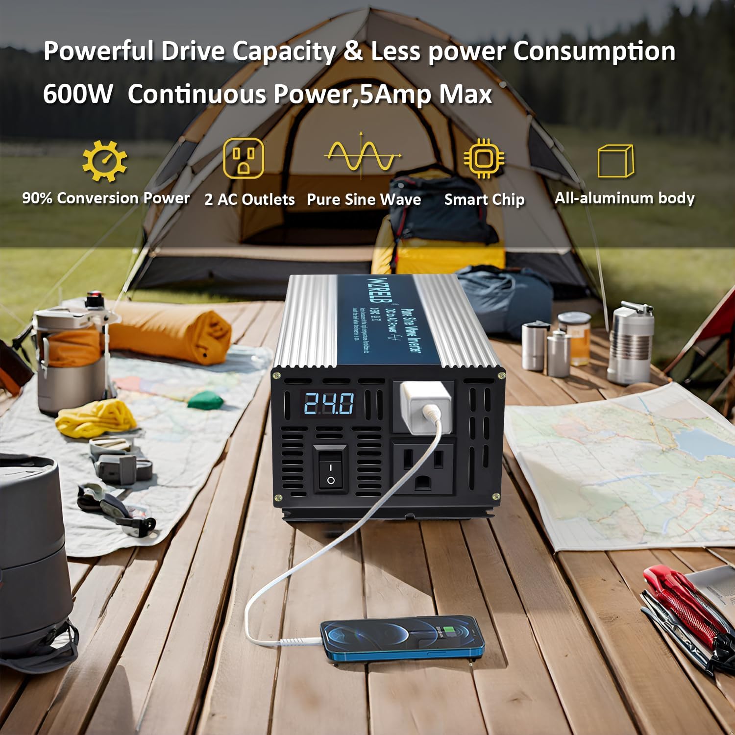 WZRELB 600W Pure Sine Wave Inverter 24V DC to 110V 120V AC Power Converter with LED Display, Off-Grid Portable Power Inverter with 2 AC Outlets for Home, RV, Truck, Camping