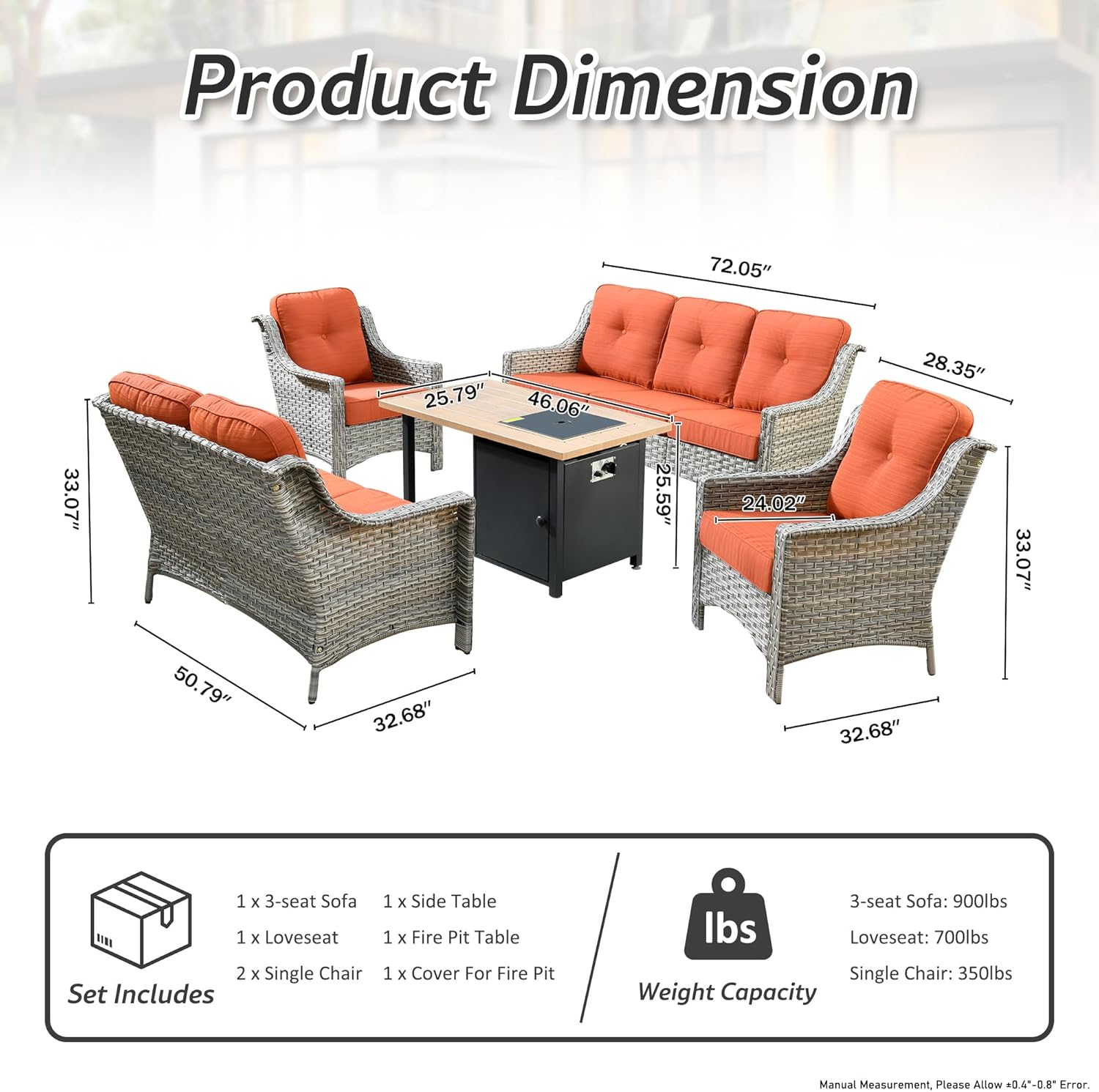 HOOOWOOO 5 Piece Patio Set with Fire Pit Table, Outdoor Wicker Furniture, All Weather Resistant High Back Rattan Outside Furniture (Orange Red)