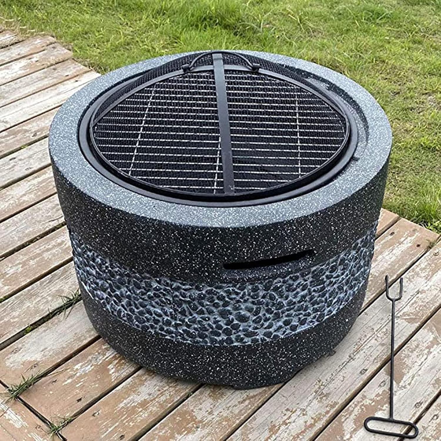 Fire Pit with BBQ Grill Shelf, Firepit Garden Patio Heater/BBQ/Ice Pit Fashionable and Artistic Magnesium Oxide Base Used for Outdoor Garden Barbecue