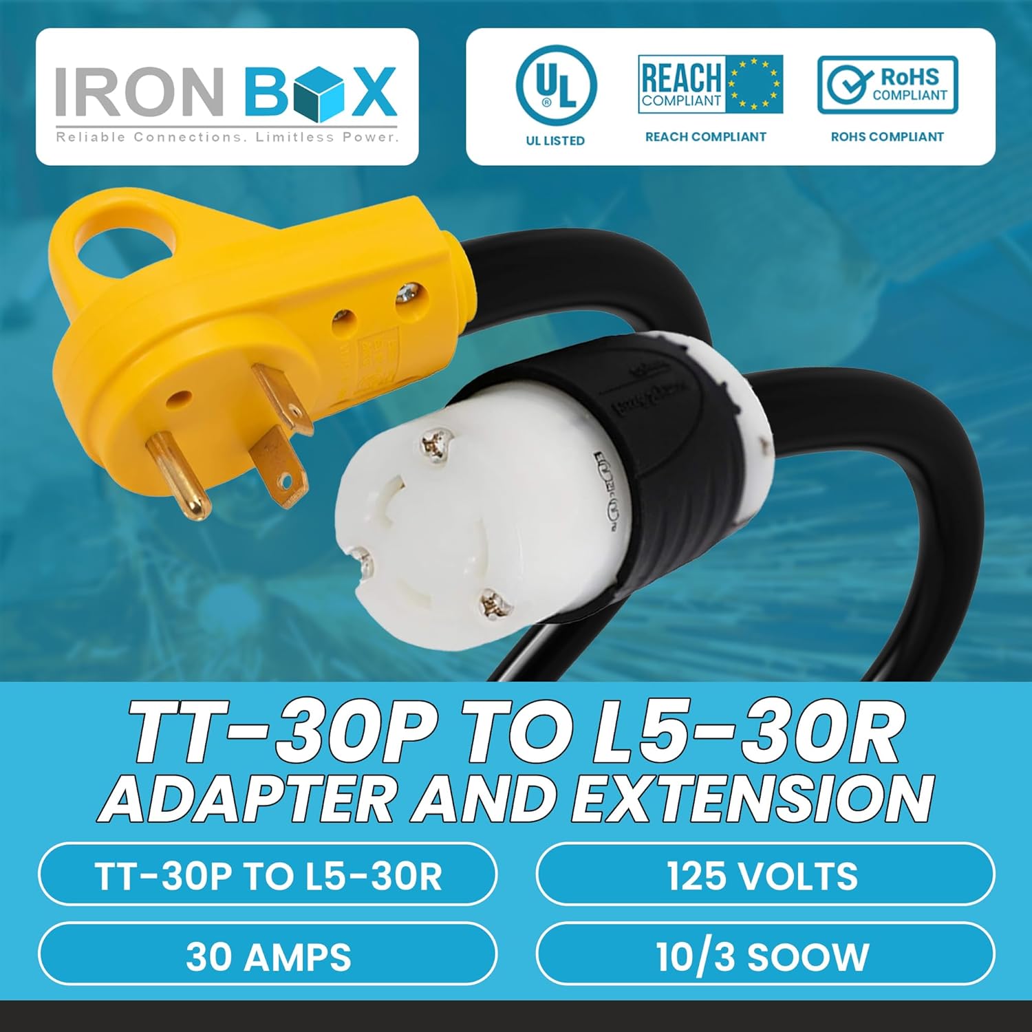 IronBox Electric TT-30P to L5-30R Adapter and Extension - 30A, 125V, 10/3 SOOW - Heavy Duty Plug Connector Adapter Cable - UL Listed Power Cord for Generator, Camper, RV, Travel Trailer & More (20ft)