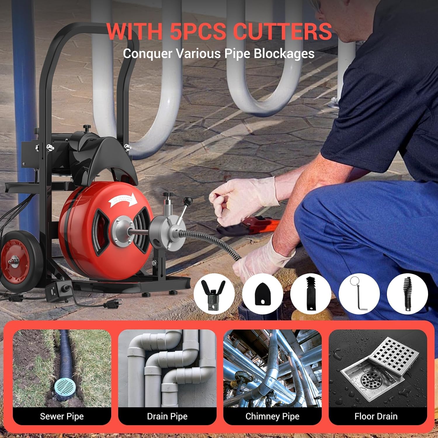 100Ft 1/2 Inch Cable Drain Cleaning Machine, 450W Auto Feed Portable Electric Sewer Snake, Electric Drain Auger with 4 Cutter Air-Activated Foot Switch for 2