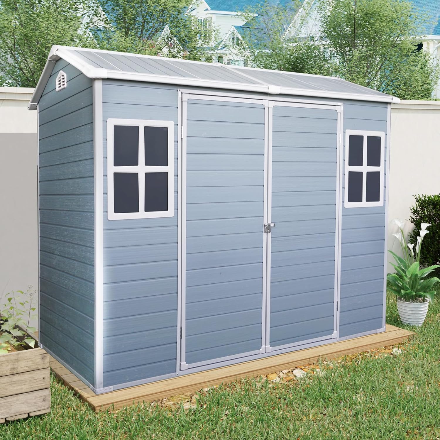 8 x 4 FT Outdoor Storage Shed, Outdoor Resin Shed with Two-Window and Double-Door, Plastic with Floor for Gargen, Patio, Yard, Lawn (Gray)