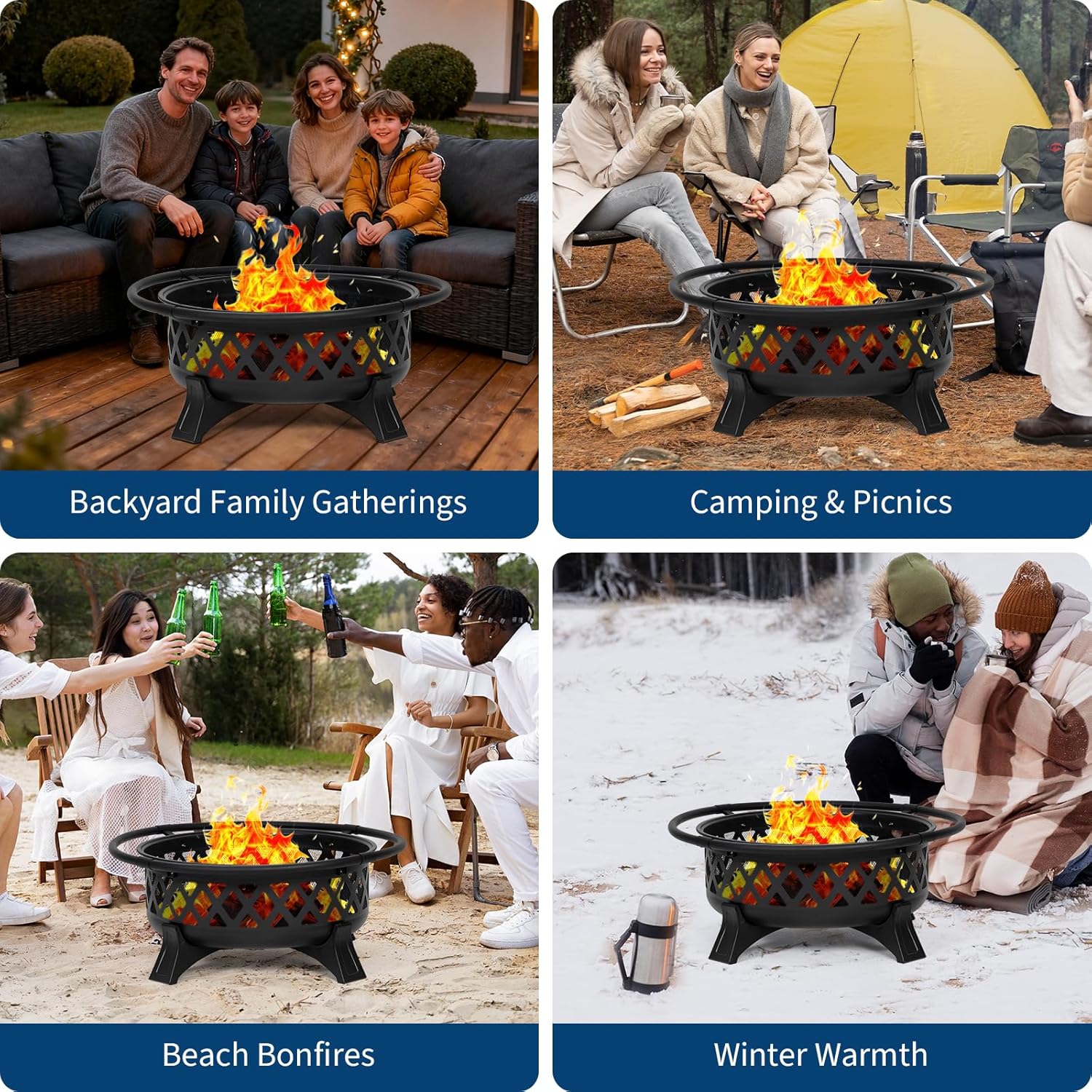 36-Inch Outdoor Wood Burning Fire Pit with Lid & Spark Screen, Heavy Duty Steel, BBQ Grill Grate, Poker, for Backyard, Patio, Campfire