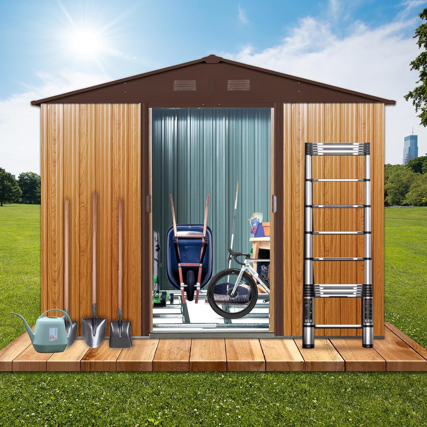 ft x 6ft Outdoor Metal Storage Shed with Metal Foundation, Heavy-Duty Galvanized Steel Garden Tool Storage, Weatherproof Utility Shed for Backyard, Patio, Lawn (Coffee)