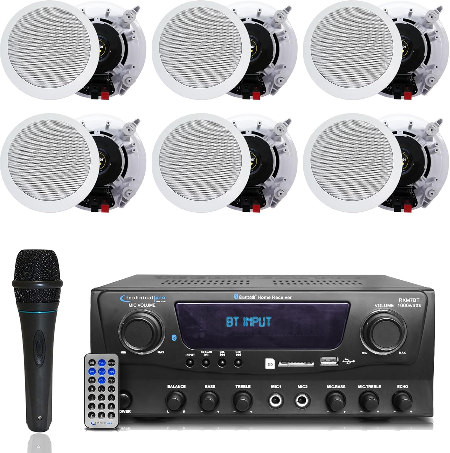1000 Watts 2 Room Bluetooth Home Amplifier and Receiver with USB and SD Reader, (Qty 6) 6.5 Flush Mount in-Wall/in-Ceiling Stereo Speakers, Handheld Microphone with 10 Ft Cable