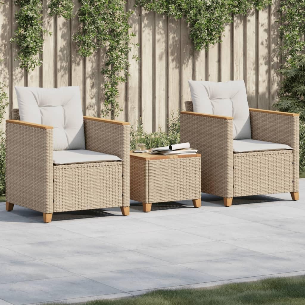 3 Piece Bistro Set with Cushions Beige Poly Rattan Acacia Wood,Outdoor Bistro Set with Comfortable Cushions for Patio, Garden, or Balcony Patio Furniture Sets