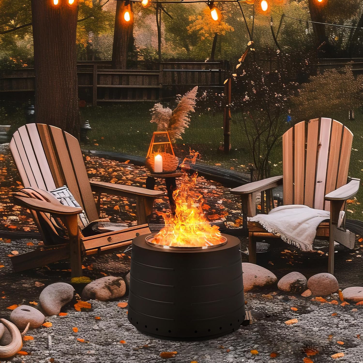 HOMREST 20 Inch Smokeless Fire Pit, Portable Outdoor Firepit with Cooking Grate for Camping, 304 Stainless Steel Stove Bonfire with Removable Ash Pan & Weather Cover for Backyard, Patio (Black)