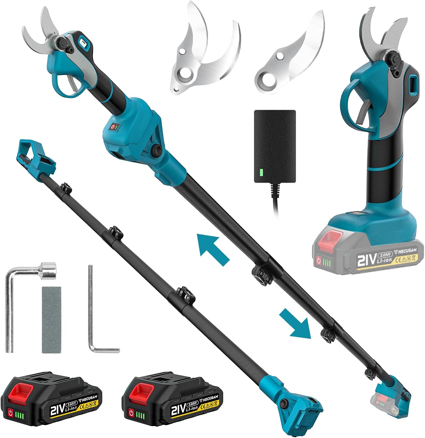 Electric Pruning Shears Cordless, 1000W Brushless 2-in-1 Pole Pruner Shears, Extend Pole to 14FT,1.4” Cutting Diameter, SK5 Blade, 2×2.0Ah Batteries, Pole Pruner for Gardening Tree Trimming